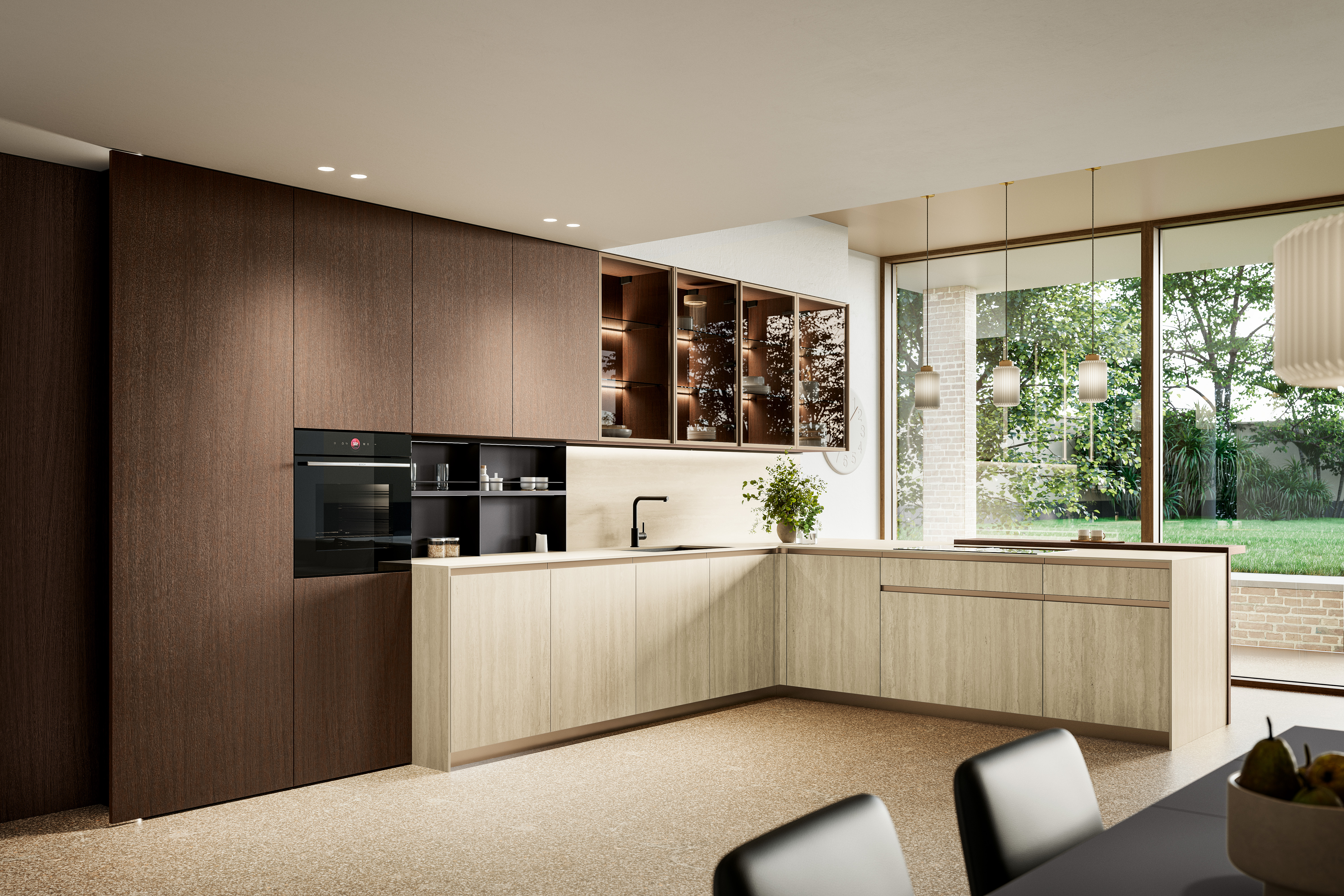 Cucina con basi Altea in Laminam travertino bianco bocciardato.