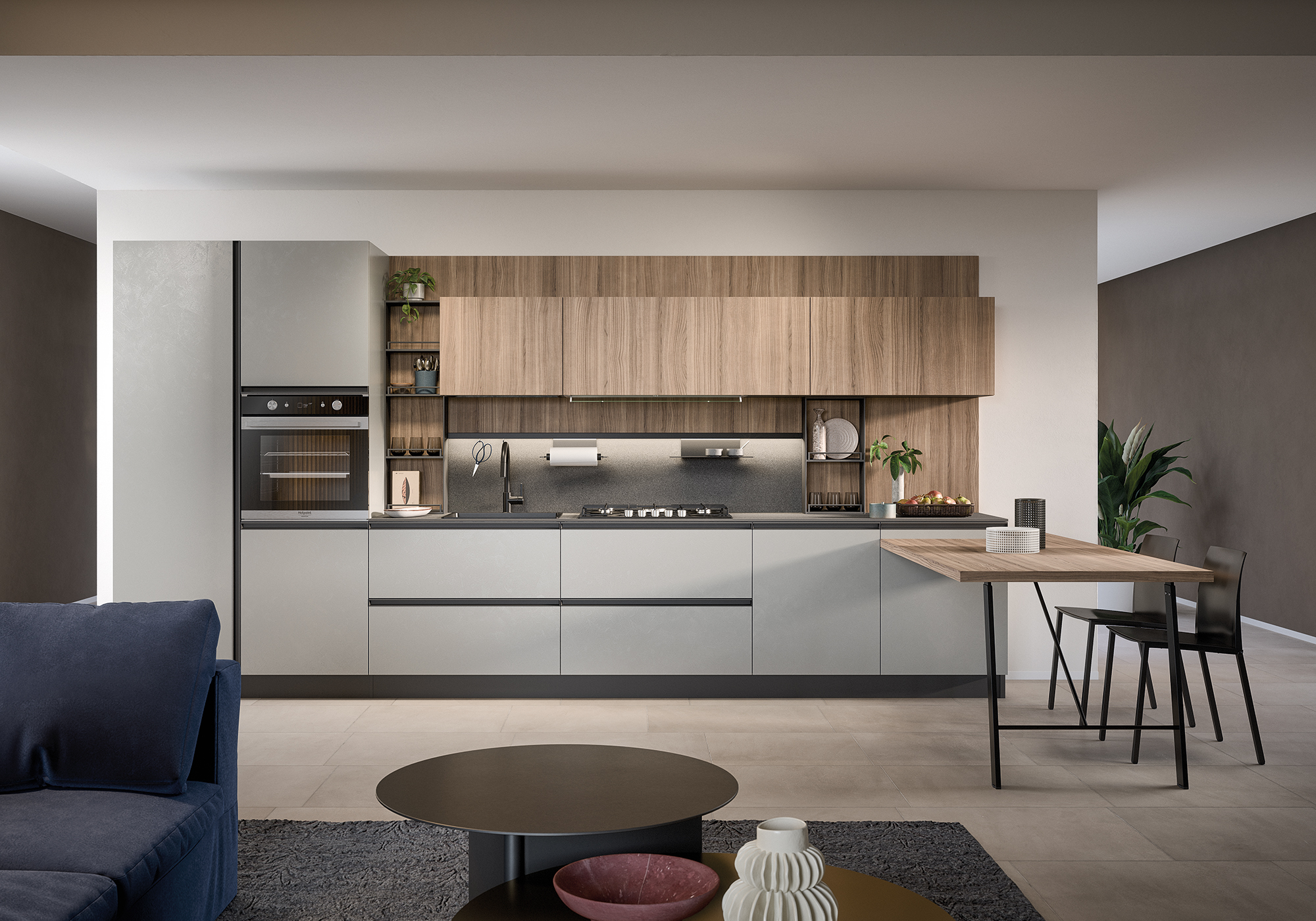 Cucina Hera con colonna frigo e colonna in appoggio con forno incassato.