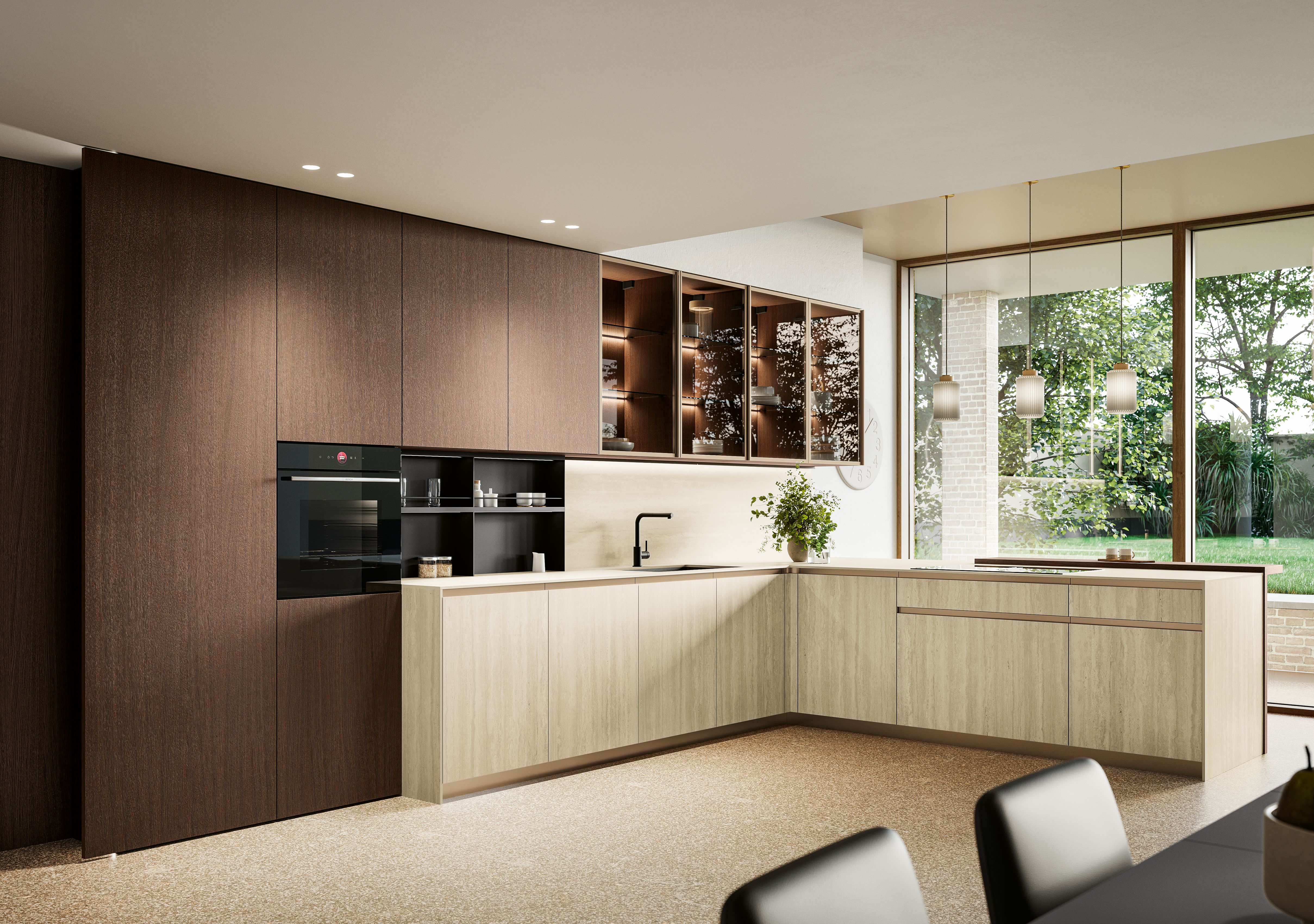 Altea in Laminam, finitura travertino bianco bocciardato.