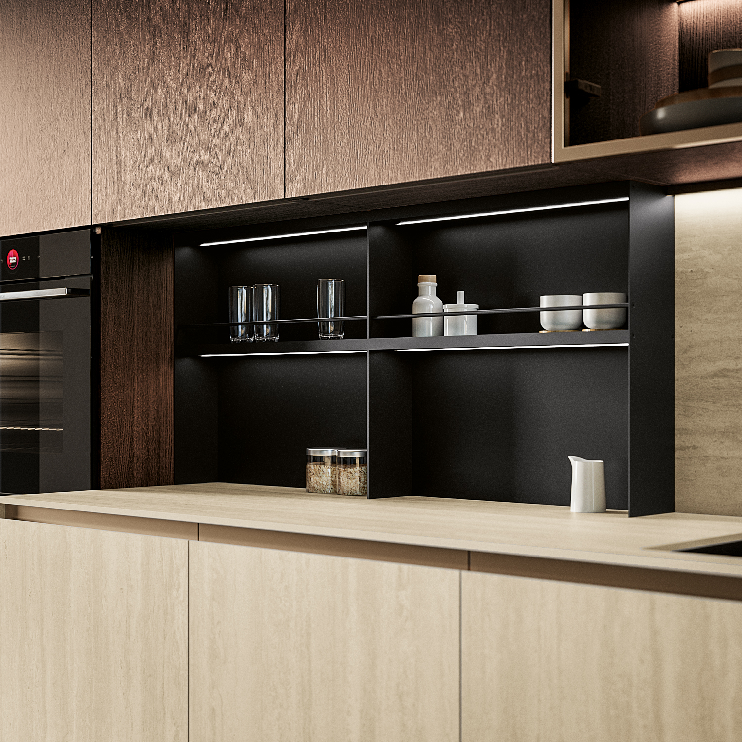 Cucina Altea con piano di lavoro e ante in Laminam travertino bianco bocciardato.