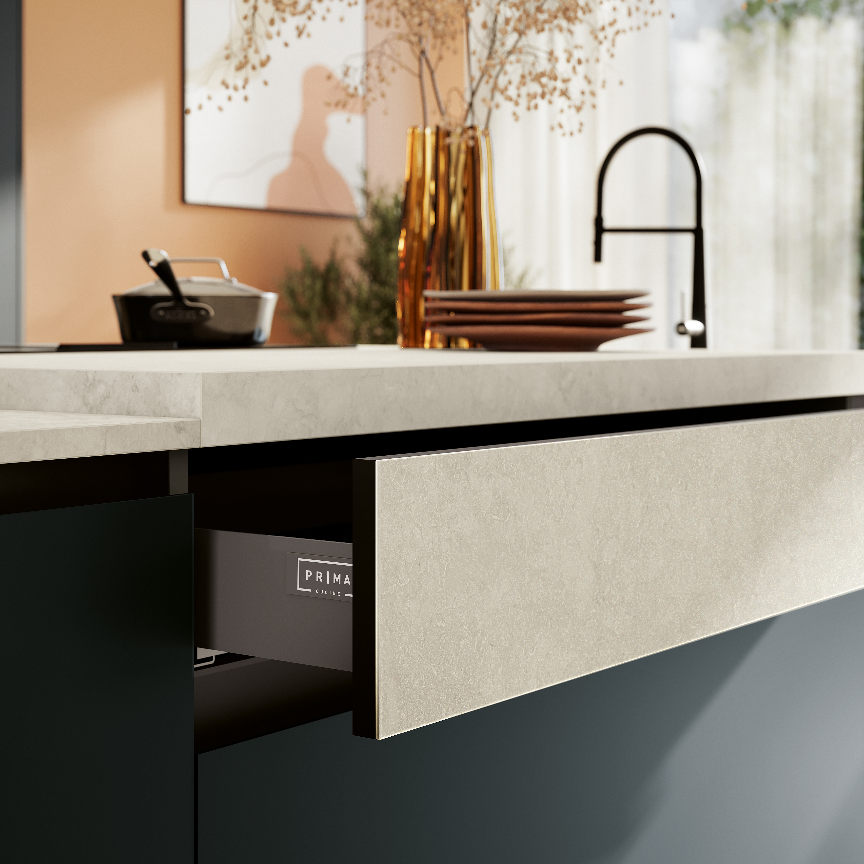 Cucina Altea con piano di lavoro e cassetto della base in stratificato HPL arenaria bianca.