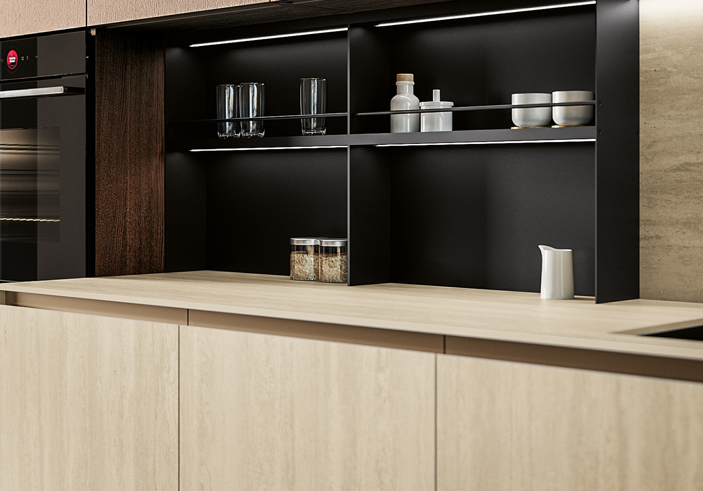 Top in Laminam, finitura travertino bianco bocciardato.