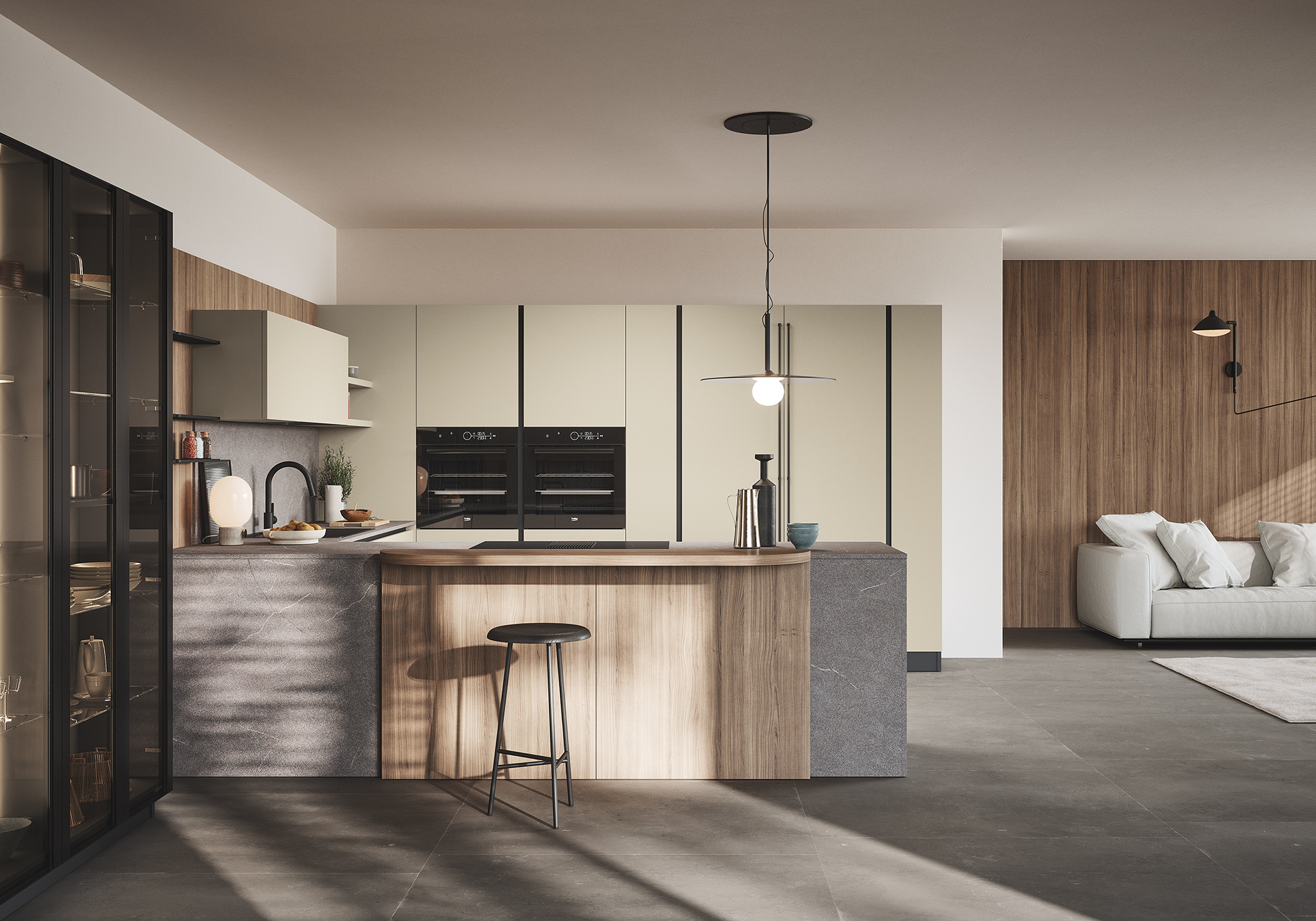 Cucina Domino: melaminico castoro matt e laminato noce Canaletto. 