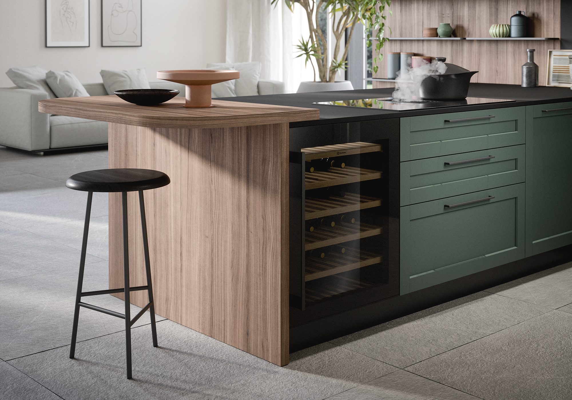 Cucina Clio di Prima Cucine con cantina vini inserita nella penisola.