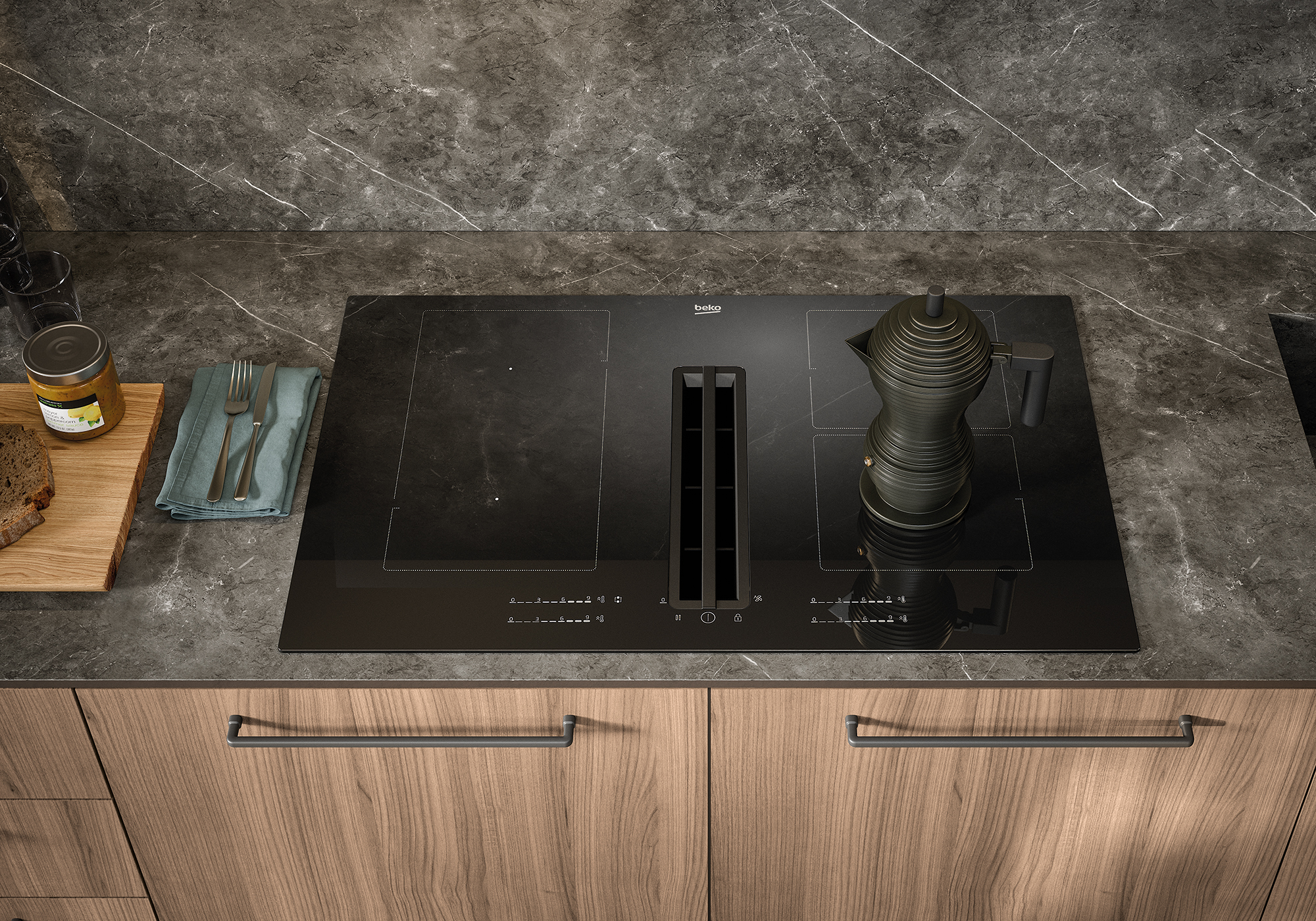 Cucina Domino con piano cottura e cappa integrata.