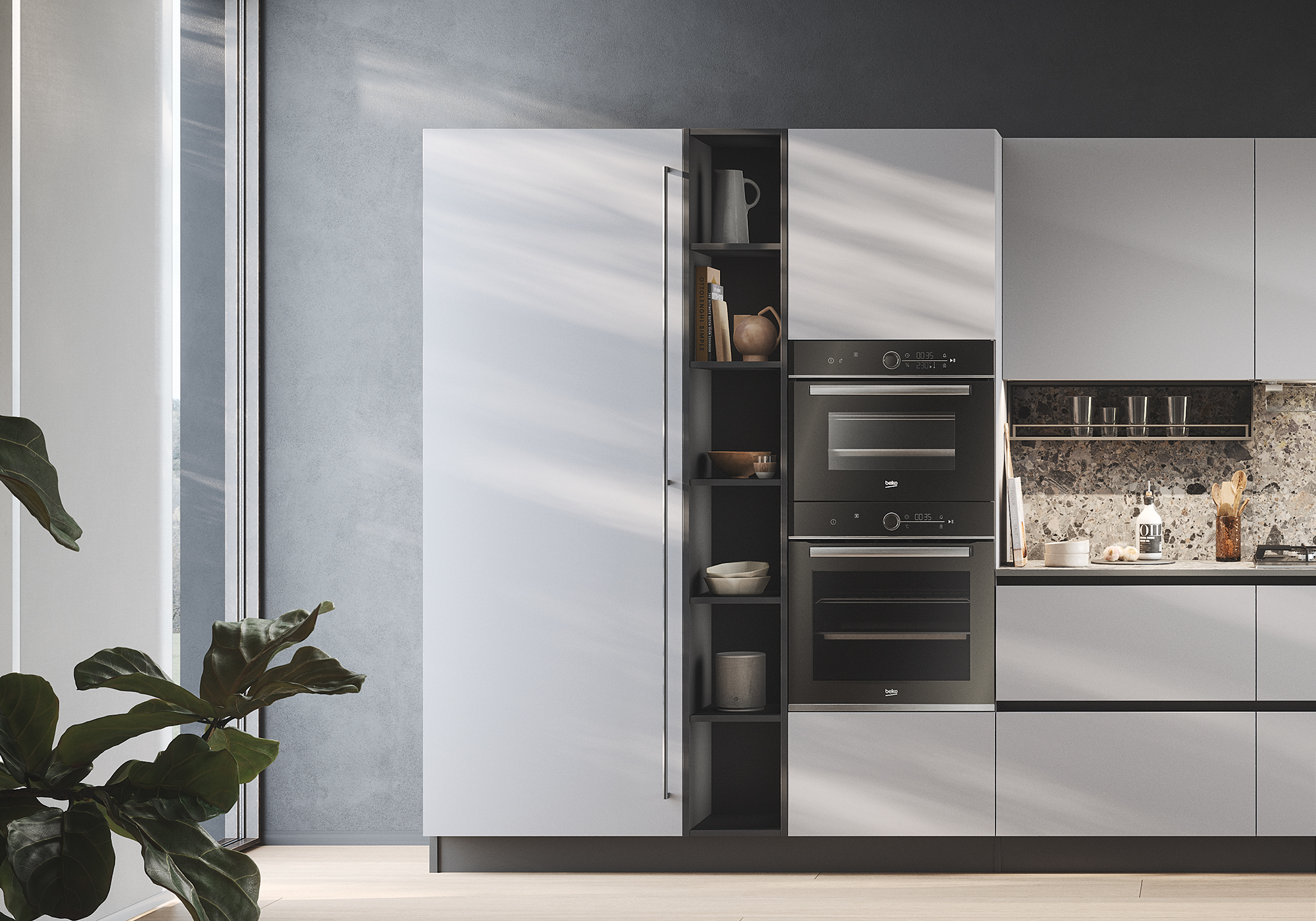 Cucina Domino di Prima Cucine: colonna con forno e microonde incassati.