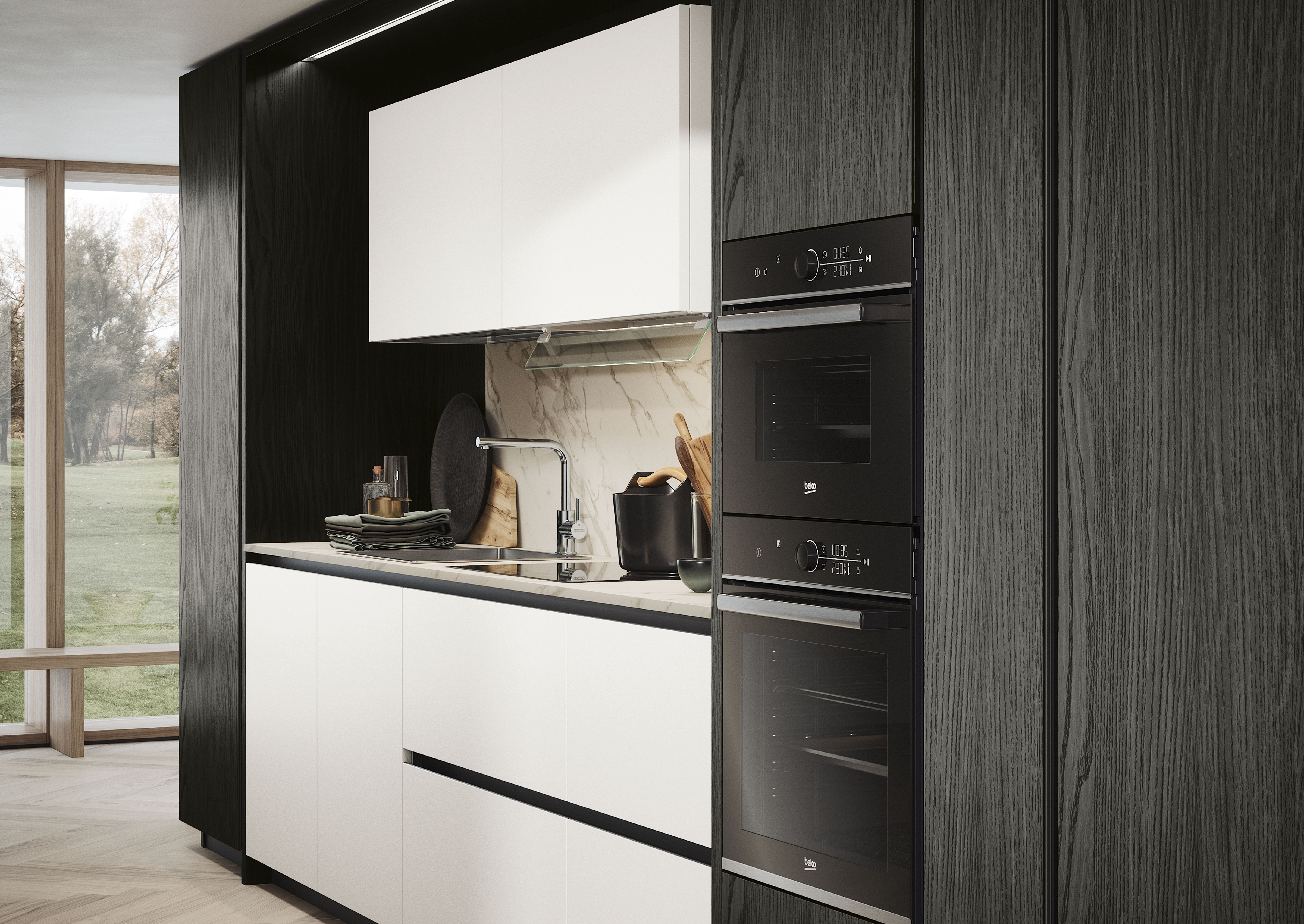 Basi, zoccolo, gola e piano in laminato Calacatta.