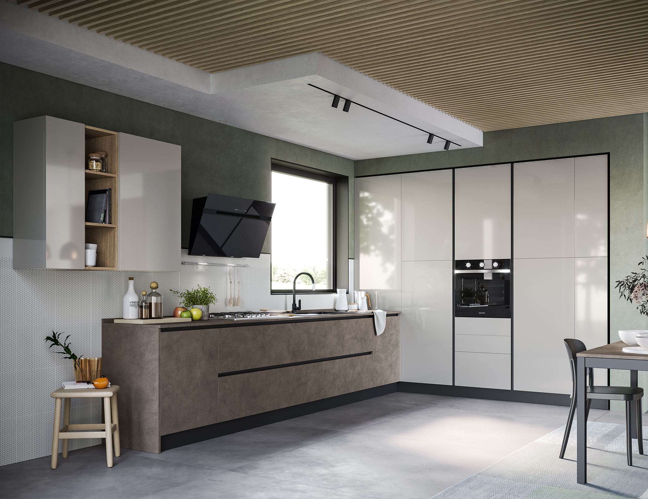 Pensili e colonne Domino in laccato UV lucido grigio gloss. 