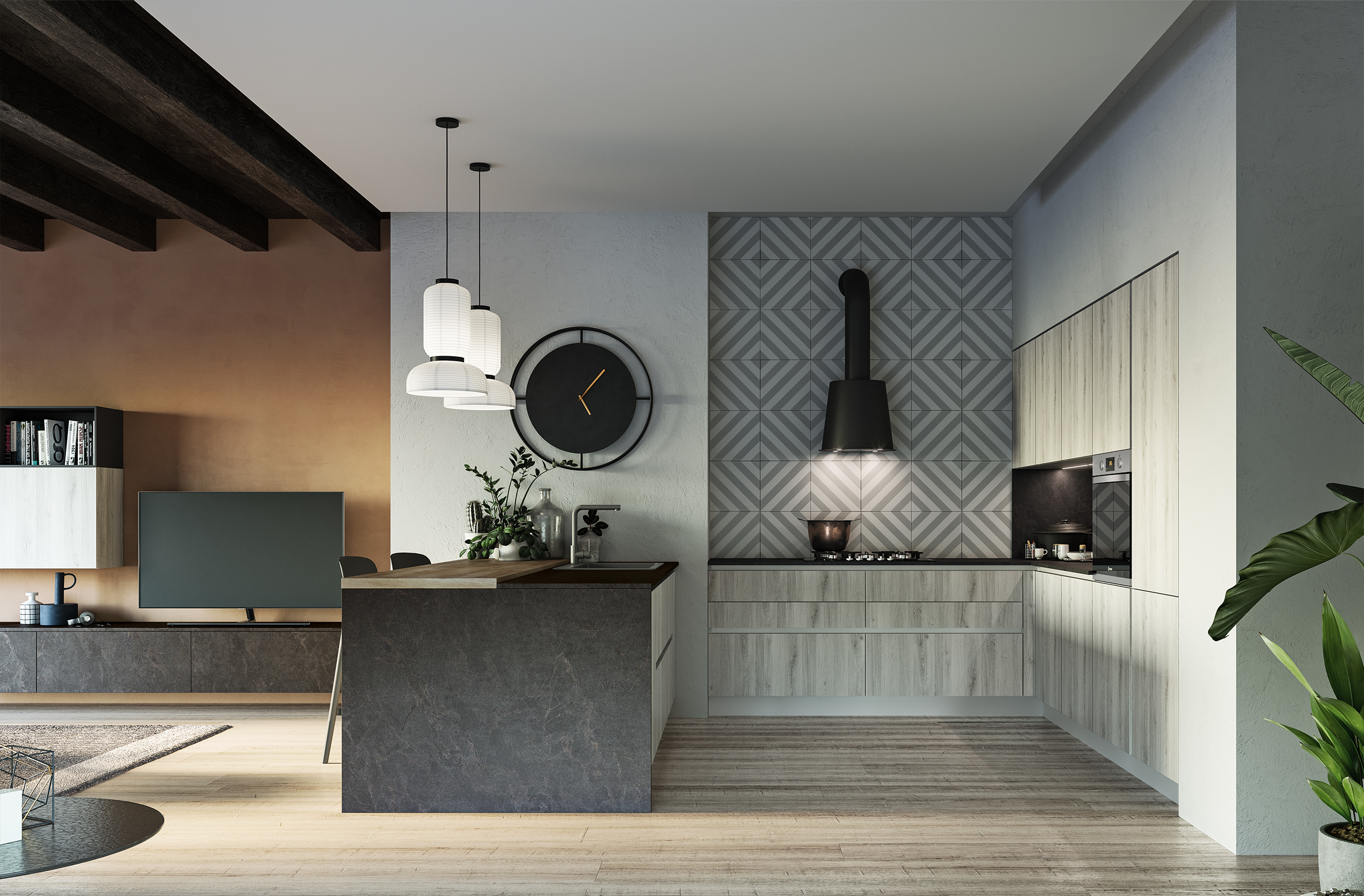 Cucina a golfo Domino, modello di Prima Cucine. 