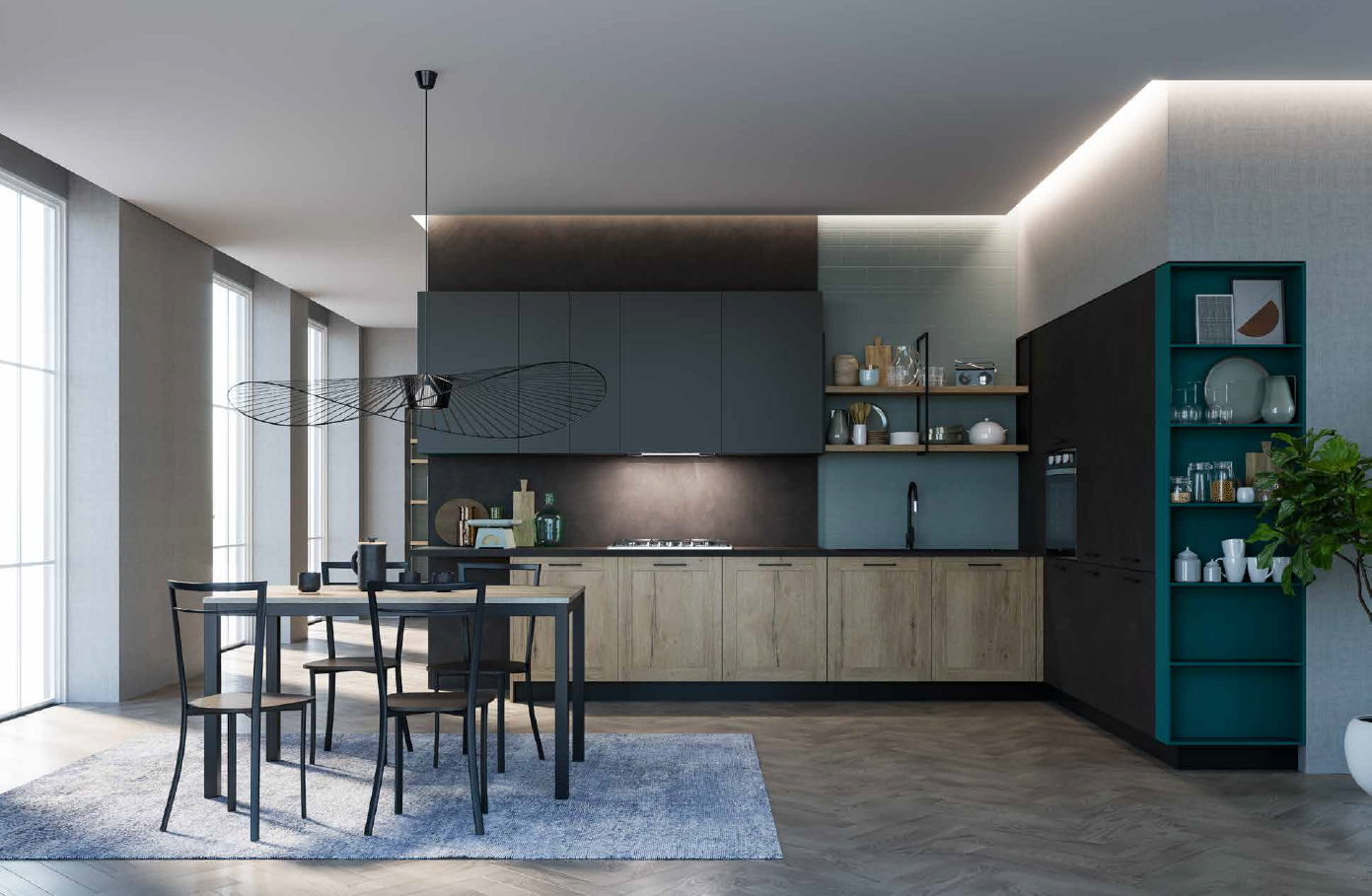 Cucina color ottanio, modello Domino di Prima Cucine.