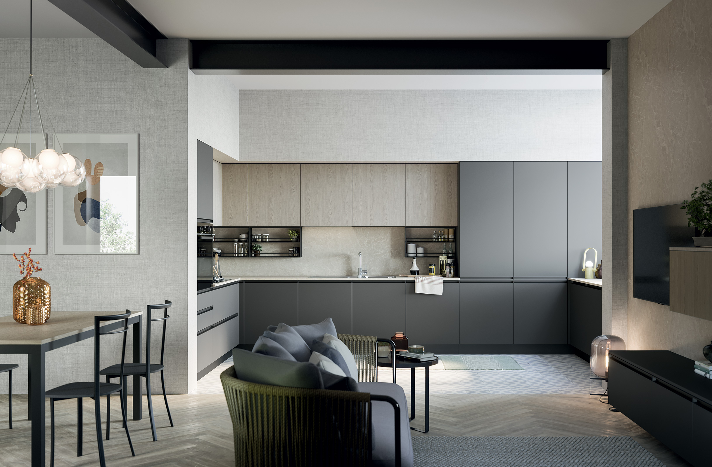 Cucina a ferro di cavallo Hera aperta sul living con zona pranzo.