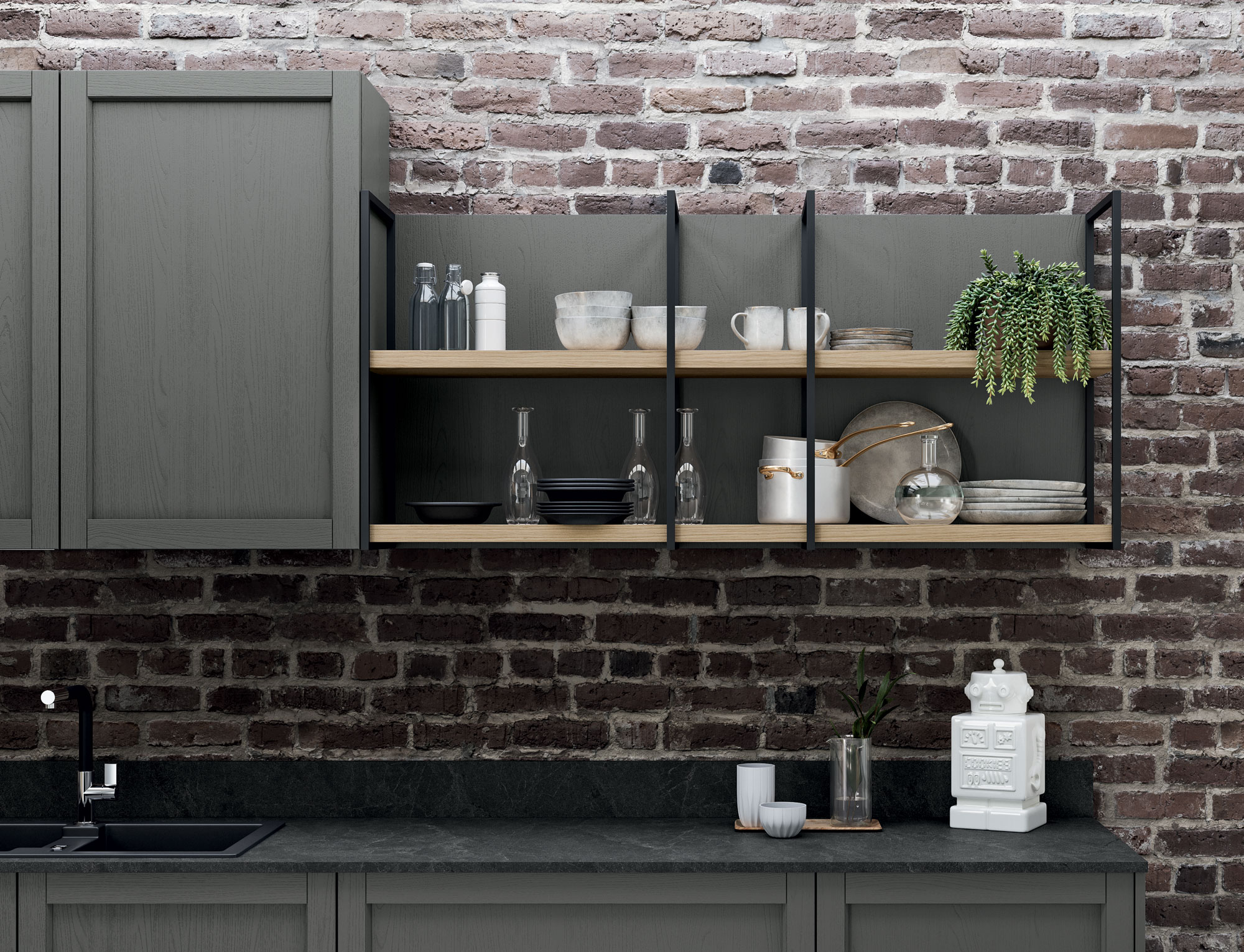 Cucina Noah con mensole che sono un modulo della libreria Graphic.