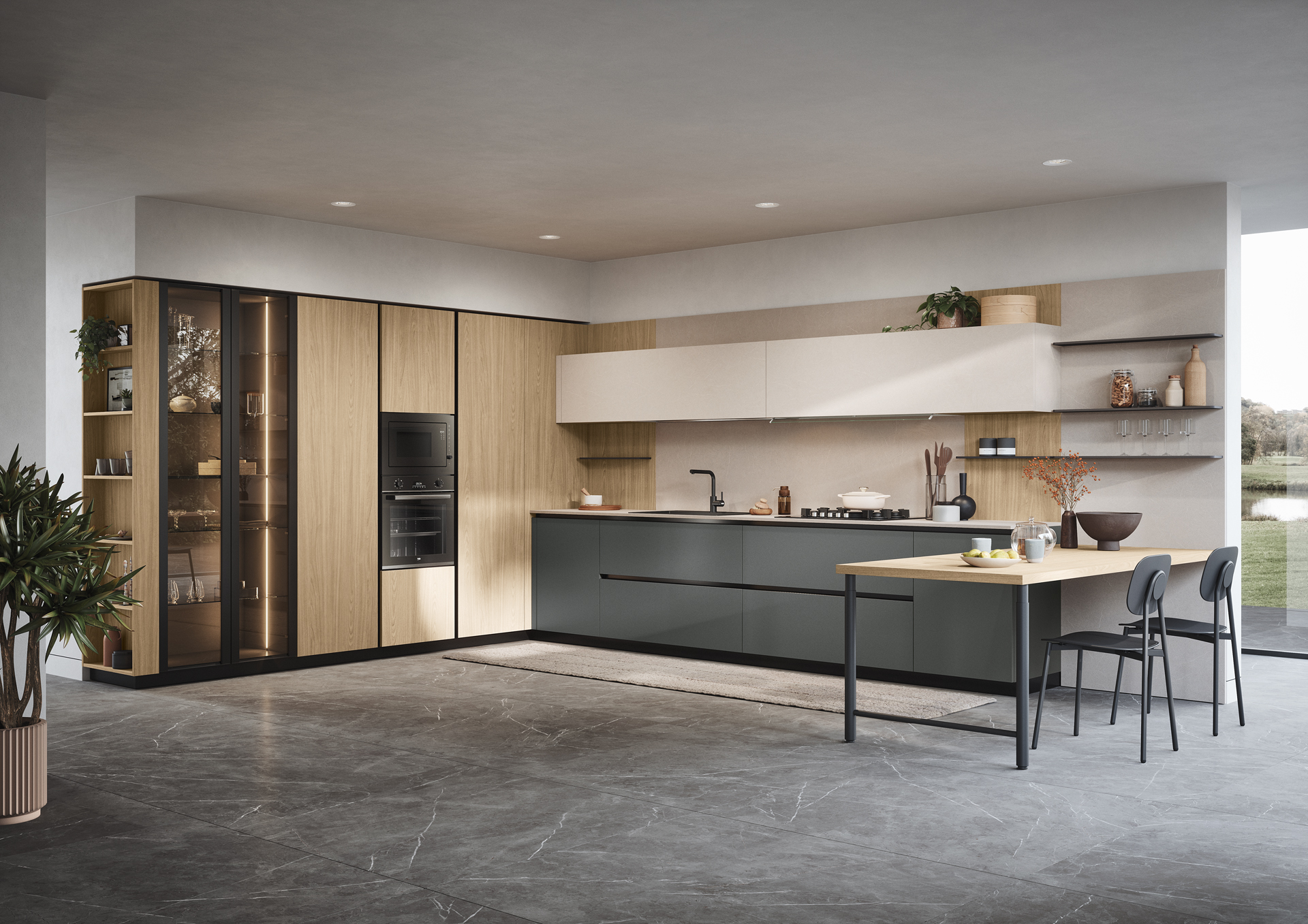 Piano snack ad altezza tavolo per la cucina Domino di Prima Cucine.