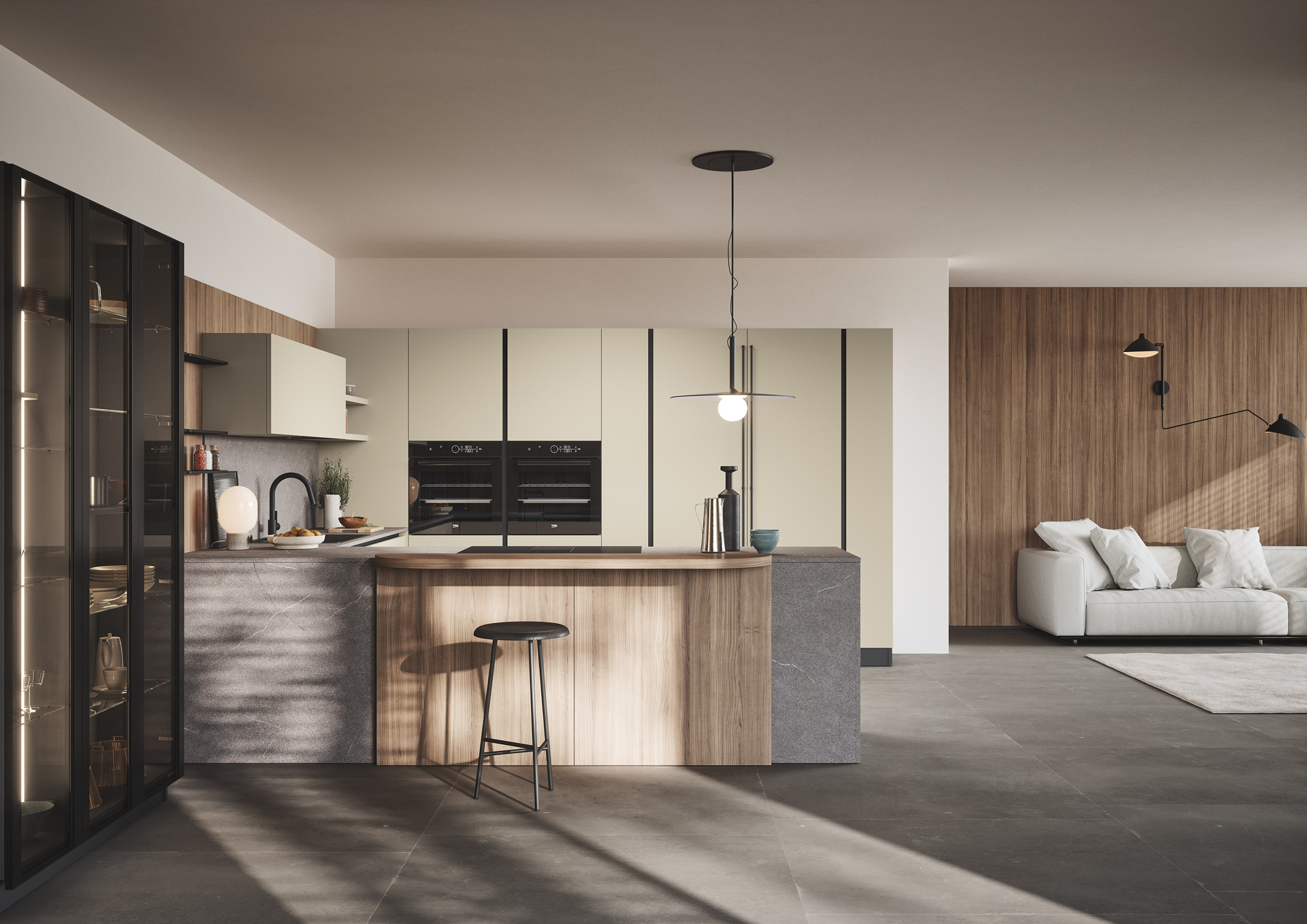 Cucina a golfo Domino con basi in finitura deserto UV supermatt 