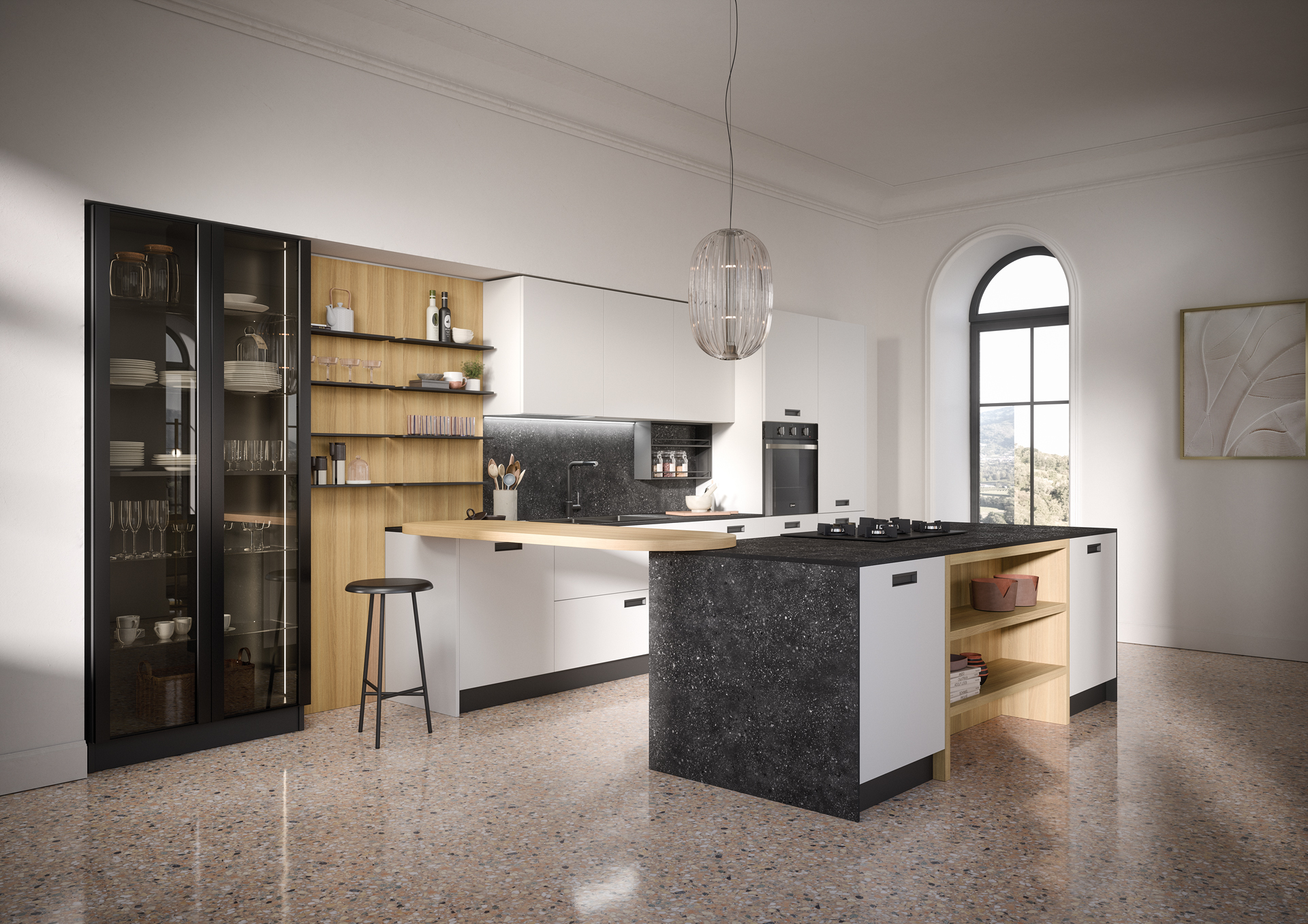 Cucina Domino con bancone che unisce l'isola al blocco in linea.