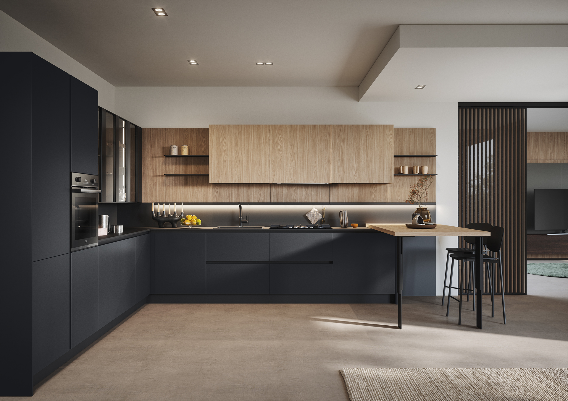 Cucina Domino ad angolo con vetrine Unica.
