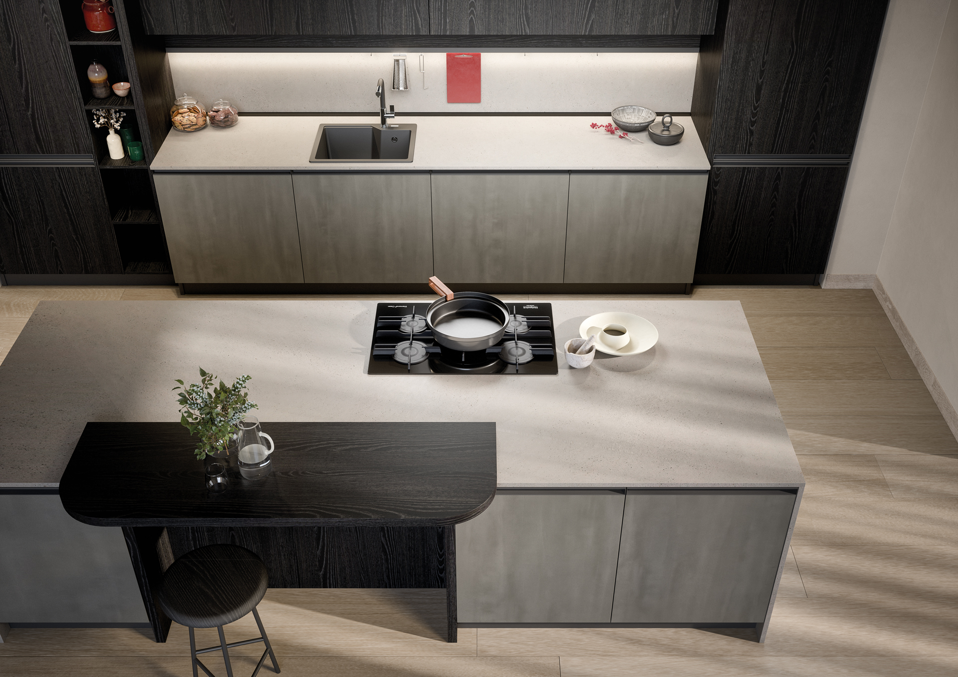 Cucina Hera con isola e piano snack Vario in melaminico rovere nero.
