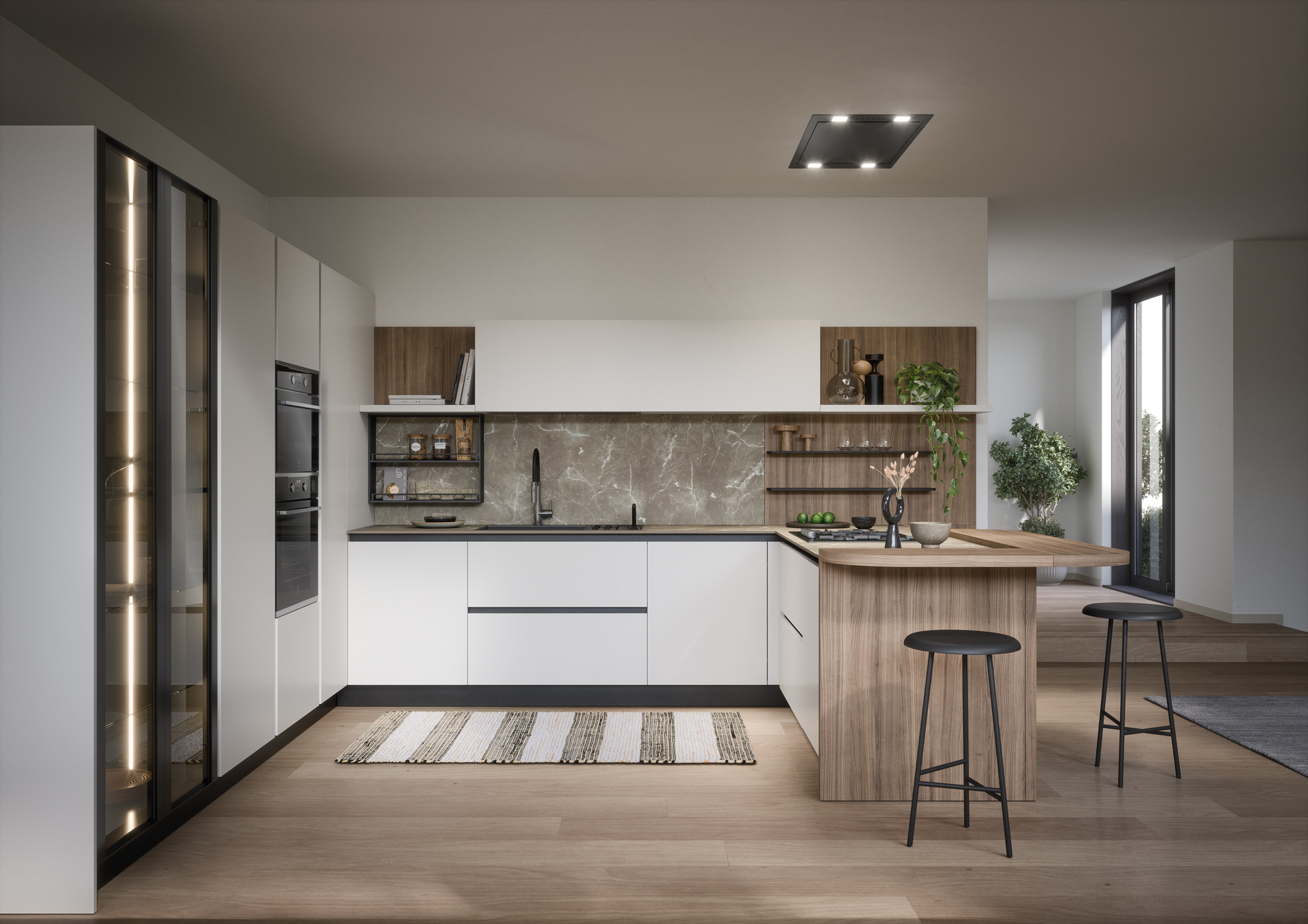 Top e schienale in HPL impero brown per Luce di Prima Cucine.