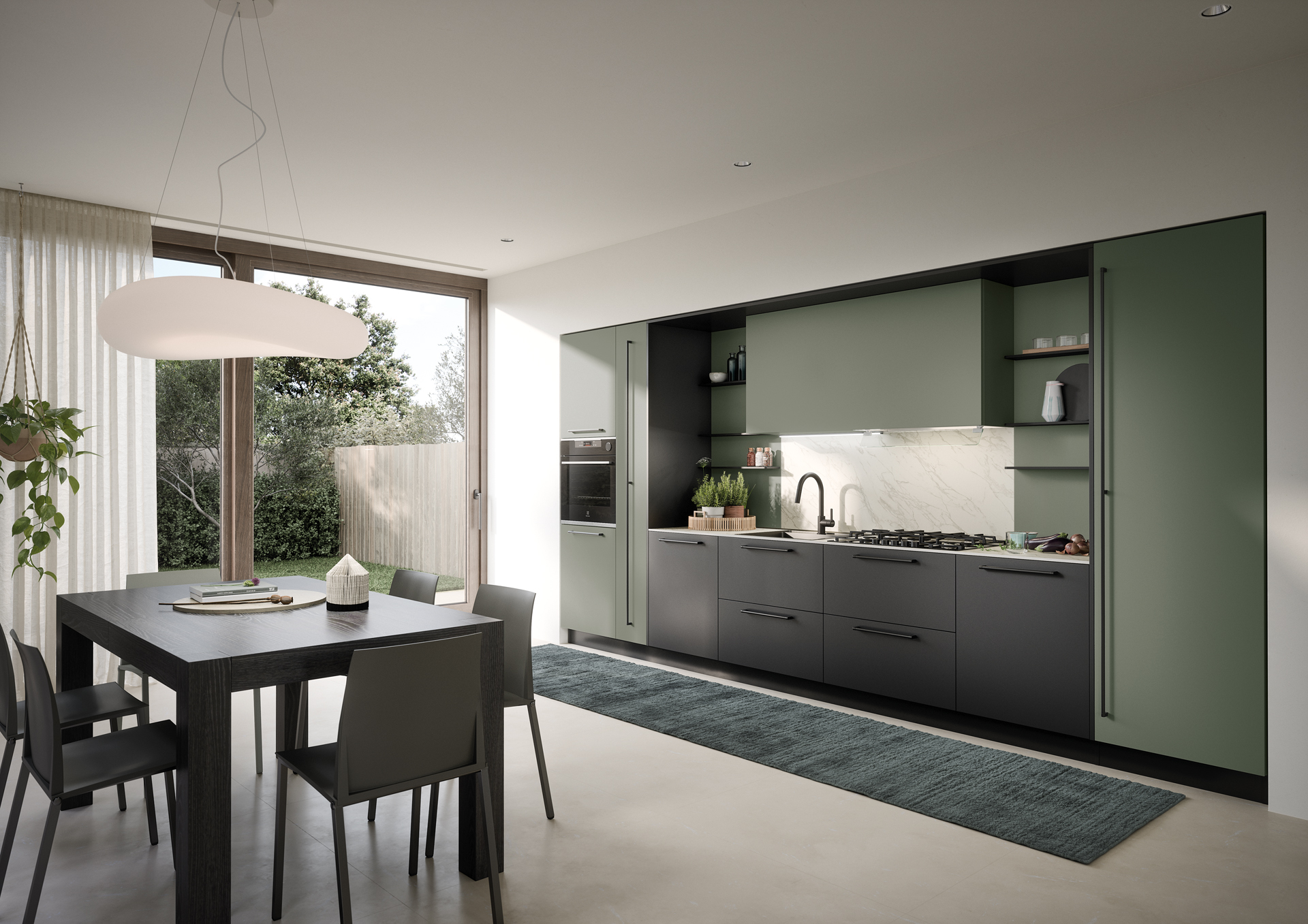 Cucina Luce con anta liscia in laccato felce. Con e senza maniglia.