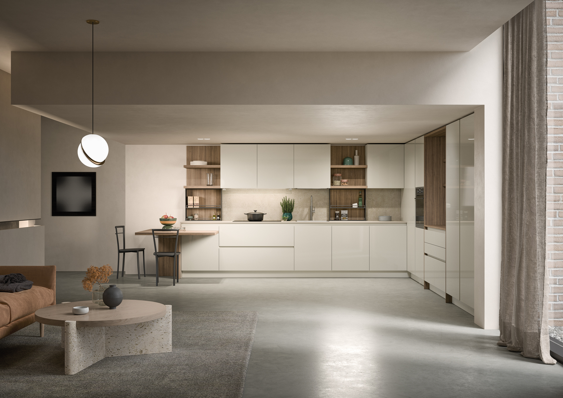 Cucina laccata lucida miglio, abbinata a finiture noce Canaletto. 